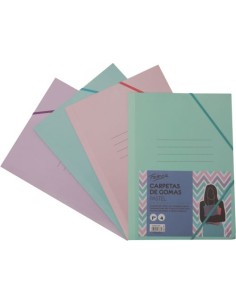 PAQ 4 CARPETA CARTON Fº GOMAS Y SOLAPAS PASTEL SURTIDOS